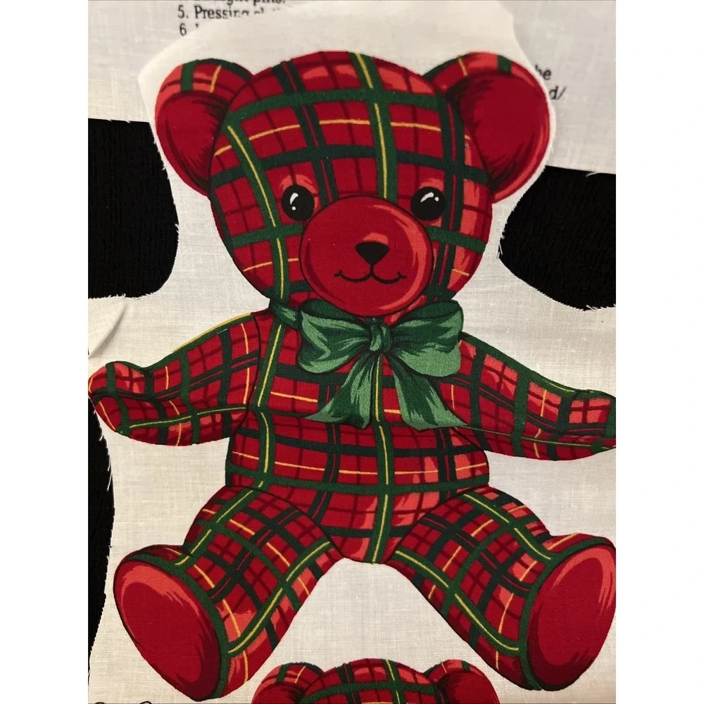 Vintage Christmas Red Plaid Teddy Bear Bows Applique Fabric Panel Cranston
